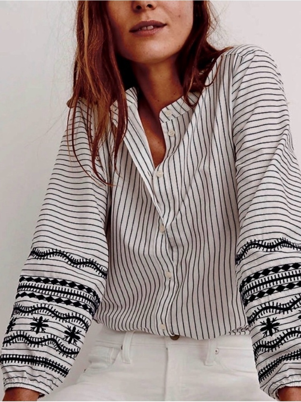 Madewell White Blouse with Black Stripes and Embroidered Sleeves